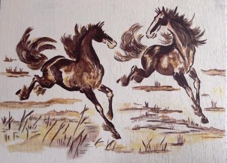 Chevaux en pleine course - Acrylique sur cadre en bois